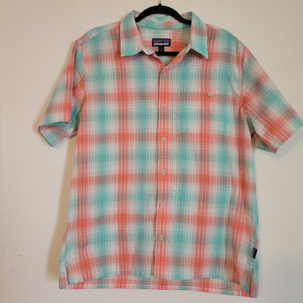 Patagonia Coral and Aqua Plaid Short Sleeve Button-Down Shirt